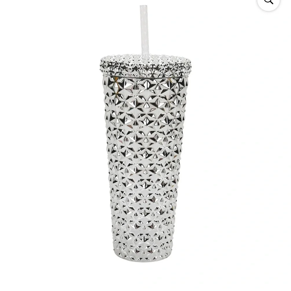 Plastic Double Wall Insulated Textured Tumbler with Straw, Silver Metall… - Picture 2 of 3